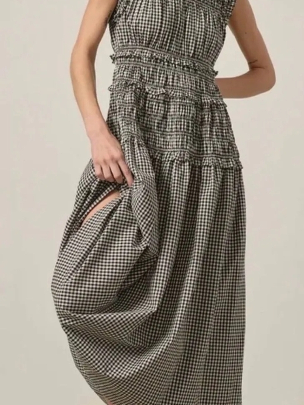 Caroline Constas (Tan) Gingham Midi Dress